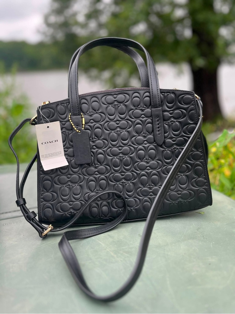 Coach Black Embossed Signature Leather Satchel with Crossbody Strap